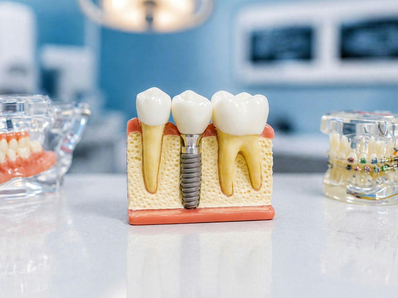 Dental implant model showing the implant post, abutment and crown