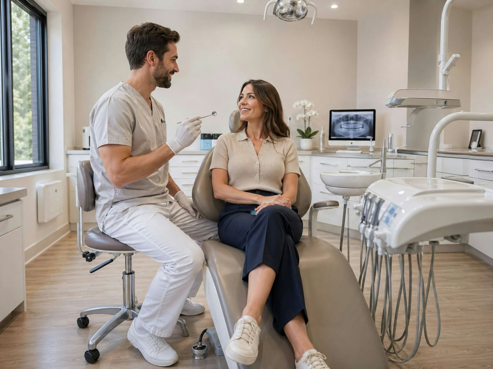 Dentist chatting with a patient at a check-up